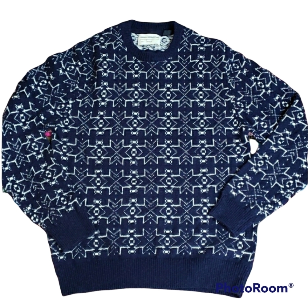 French Connection Mens Crewneck Cotton Sweater Blue with White Snowflakes
